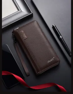 Portafoglio lungo in pelle marrone da uomo pochette con zip porta carte con cinturino