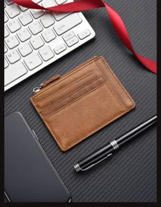 Detailed view of minimalist genuine leather card holder with zip coin pocket and multi slots.