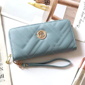 Damen lange Reißverschluss Geldbörse gesteppt PU Leder Handtasche mit Handschlaufe blau