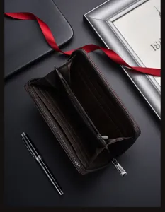 Portafoglio uomo lungo con zip vintage in pelle business porta carte marrone scuro