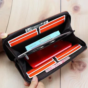 Men's Long PU Leather Wallet Vintage Casual Multi-Function Clutch Bag Large Capacity Phone Bag Solid Color Retro Purse