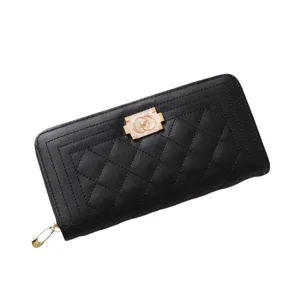 Women's black quilted long wallet with zip and gold clasp, stylish large capacity clutch.