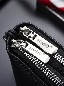 Herren Geldbörse Lang Doppel Reißverschluss Clutch Tasche Schwarzes Leder Karteninhaber