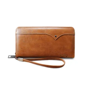 Men's long brown leather wallet clutch bag with wrist strap and zipper closure for daily use.