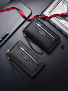 Herren lange PU Leder Brieftasche Doppelreißverschluss Clutch Tasche mit Handschlaufe, Business.