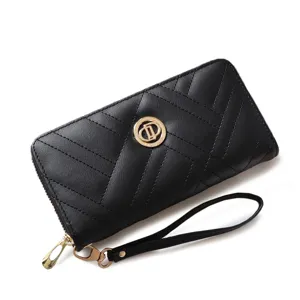 Schwarze Damen Geldbörse lang PU Leder gesteppt Handtasche mit Handschlaufe und Reißverschluss.