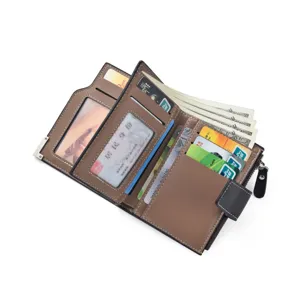 Men's short leather wallet with multiple card slots, ID window, snap closure, and zipper pocket.