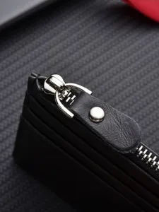 Black genuine leather card holder minimalist short coin purse multi-slot wallet