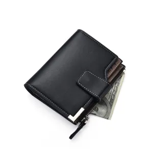 Men short black leather wallet with multi card slots zipper coin pocket business card holder