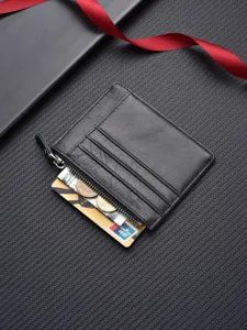Black genuine leather card wallet with zipper coin pocket minimalist multi-card holder for daily use.