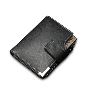 Men's short leather wallet with multiple card slots, buckle closure, and metal corner.