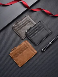 Genuine leather card holder wallet for men and women with zipper coin pocket and slots.