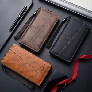 Men long wallet PU leather vintage zipper purse multi card holder large capacity wrist strap