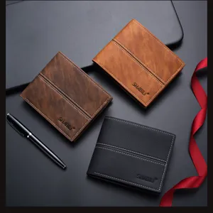 Detail of mens short leather wallet, soft texture, dual stitching, slim business style.