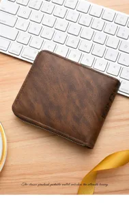Vintage brown men short wallet zipper multi-function card holder casual daily pocket purse.