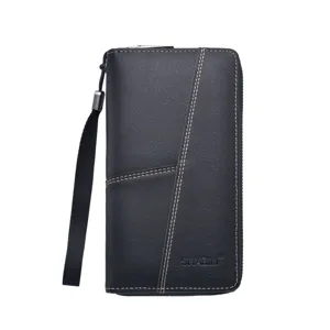 Men's long black zipper wallet with wrist strap and card slots, vintage daily use.