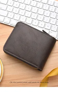 Men's short retro brown leather wallet with zip closure, compact multi-functional holder.