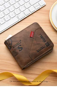 Men's vintage short wallet with zipper, multiple card slots, retro design and durable material.