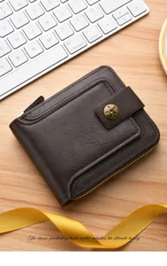 Men's retro brown leather short wallet with zipper, snap closure and vintage star button.