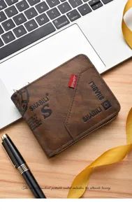 Detailed view of vintage brown men's short zipper wallet with multiple card slots.