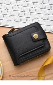 Close-up detail of a black men's short retro wallet with zipper and buckle closure.