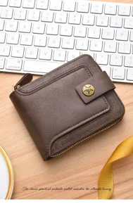 Men vintage short brown wallet detail view showing zipper closure and star metal snap buckle.