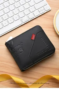 Men's retro short wallet, multi-functional leather zipper card holder detail view.