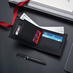 Men's black leather wallet short bi-fold business minimalist card holder slim cash purse