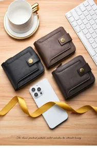 Vintage men short wallet detail showing zipper, buckle and texture in flat lay scene.