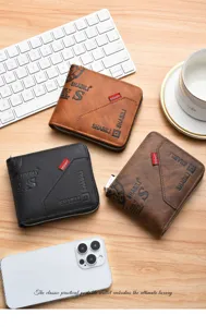 Detailed view of retro men's short zippered wallet with vintage print, card slots and texture.