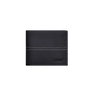 Men's classic short bi-fold wallet in premium black soft leather with stylish white contrast stitching.