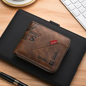 Men's Retro PU Leather Short Zipper Wallet Vintage Letter Print Multi-Function Card Holder Coin Purse