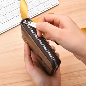Brown leather men short wallet retro zipper card holder fashion casual coin purse main view