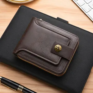Men's retro short leather wallet with zipper and star button for daily use and travel.