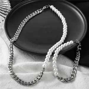 collana alla moda mezza catena metallica e mezza perle per uomo donna gioielli di classe