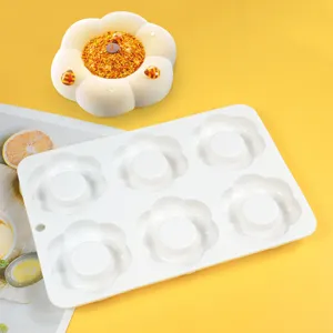 Close-up view of the 6-cavity flower silicone mold showing flexible details and finished dessert.