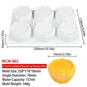 6-cavity silicone round mousse cake mold with detailed dimensions for easy baking desserts.