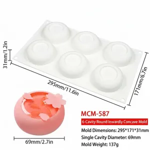 Silicone 6-cavity round concave mold for DIY baking, mousse cake and dessert making.