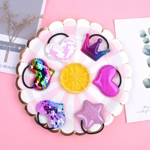 Cute sequin hair ties set with heart, crown and star shapes for women and girls daily wear.