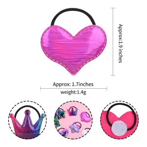 Detailed view of the pink heart hair tie showing dimensions, back side, and cute style options.