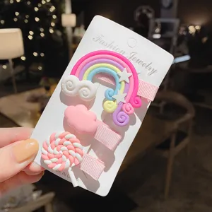 Süße Kinder Haarklammern Set mit Regenbogen, Wolke und Lutscher Motiven für Mädchen.