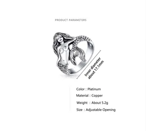 Ρετρό ασημένιο δαχτυλίδι γοργόνας ανοιχτό για άνδρες και γυναίκες, μοναδικό κόσμημα.