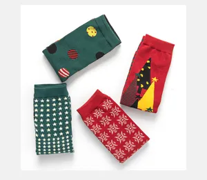 Christmas socks detail view featuring festive patterns like trees, stars and nordic snow.
