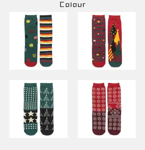 Christmas cotton mid-tube socks, asymmetric striped and tree pattern design, ideal for winter.