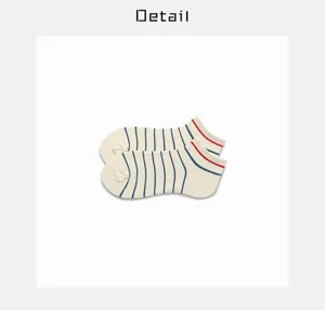 Detailed view of striped low-cut cotton ankle socks, breathable summer thin design.