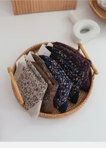 Vintage floral cotton mid-calf socks for women, retro color cozy knit botanical crew socks.