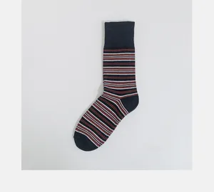 Detailed view of the striped cotton mid-tube socks, featuring fine knit texture and neat rib cuff.