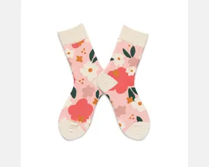 Cute pink floral crew socks with white toes, cozy cotton material, sweet Japanese style mid socks.