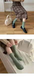 Women autumn winter solid color wool socks thick warm mid tube Japanese style cute chunky knit
