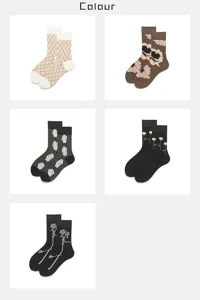 Women vintage floral mid-calf cotton socks multi-color collection detailed display view.